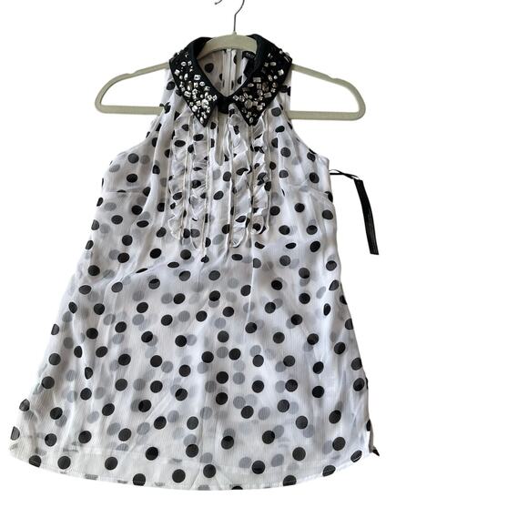 NWT WHBM White w/Black Polka Dot Chiffon Shirt Removable Rhinestone Collar Sz 0 - Picture 1 of 11